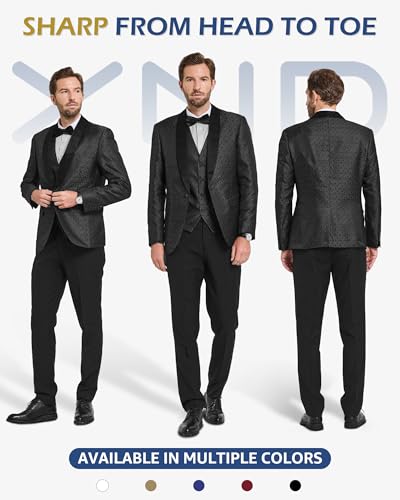 YND Men's 3 Piece Slim Fit Tuxedo Suit Set, One Button Shawl Collar Floral Business Blazer Jacket Vest Pants with Bow Tie, Black