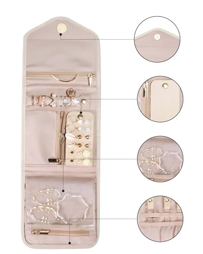 BAGSMART Travel Jewelry Organizer Case Foldable Jewelry Roll for Journey-Rings, Necklaces, Earrings, Bracelets,Mini,Beige