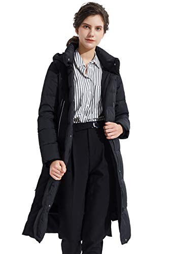 Orolay Women's Thickened Long Down Jacket Winter Down Coat Hooded Puffer Jacket with Side Zipper Pirate Black XS