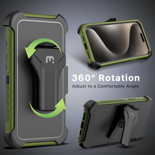 M MYBAT PRO Maverick Series iPhone 15 Pro Max Case with Belt Clip Holster,[Compatible with Magsafe]w/Screen Protector ,Anti-Drop,Shockproof,with 360°Rotating Kickstand,Heavy Duty Protection Army Green