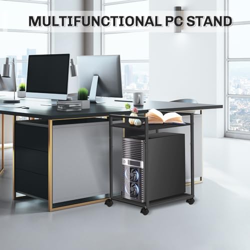Liitrton Computer Tower Stand, 2-Tier PC Stand with Lockable Wheels CPU Holder Under Desk for Office Home (M)