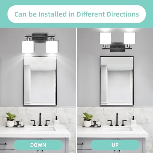 SILAMPDI Black Bathroom Lighting Fixtures Over Mirror, Modern 2-Light Vanity Lights Fixtures, Rustproof Wall Sconces Light for Bedroom, Hallway, Milky White Glass Shades, E26 Base, Bulbs Not Included