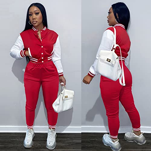 KELOVEPAN Casual Sweatsuits Women 2 Piece Sets Long Sleeve Patchwork Button Down Bomber Varsity Jackets Pants Set Sexy Black S