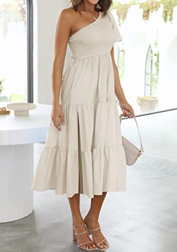 ZESICA Women's 2024 Boho Summer One Shoulder Short Sleeve Smocked Side Split Ruffle Swing Midi Dress White