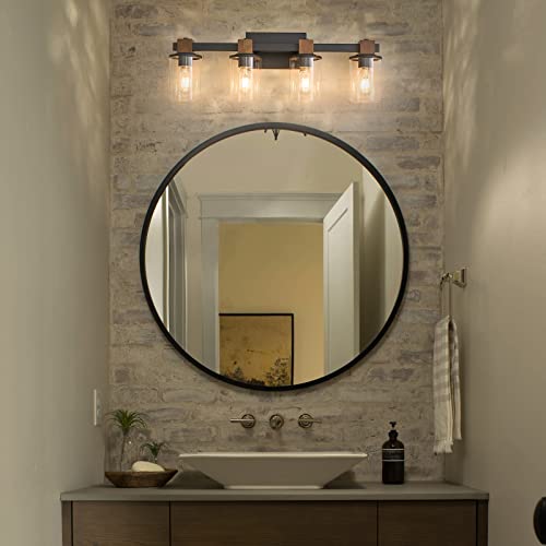 PUNSOKO Farmhouse Vanity Light Fixture, 3 Light Bathroom Wood Wall Light Over Mirror with Clear Glass Shade, Rustic Bathroom Vanity Light (Antique Wood, 3-Light)