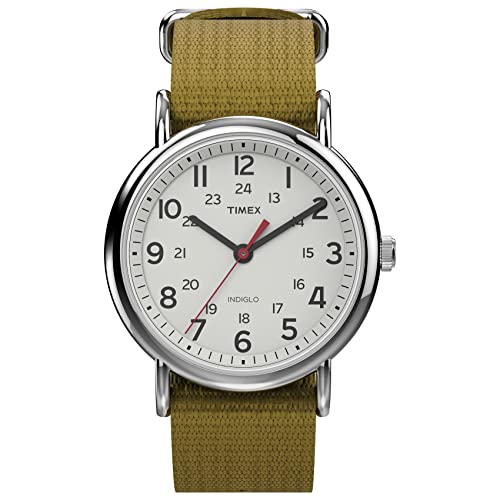 Timex Unisex Weekender 38mm Watch – Silver-Tone Case White Dial with Olive Fabric Slip-Thru Strap