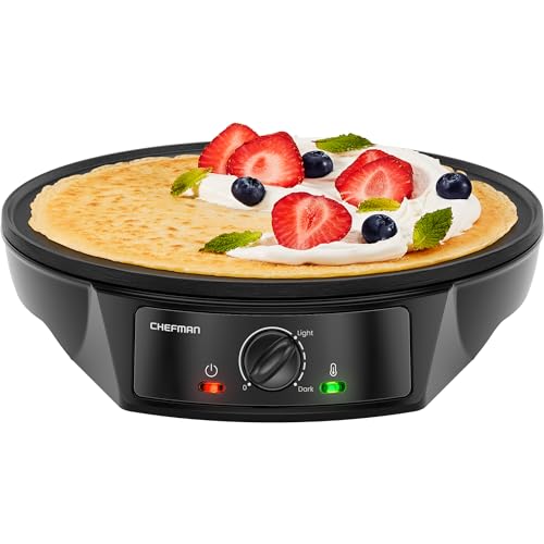 Chefman Electric Crepe Maker & Griddle, Precise Temperature Control Skillet for Perfect Brunch Blintzes, Pancakes, Eggs, Bacon, & Tortillas, 12" Nonstick Grill Pan, Includes Batter Spreader & Spatula