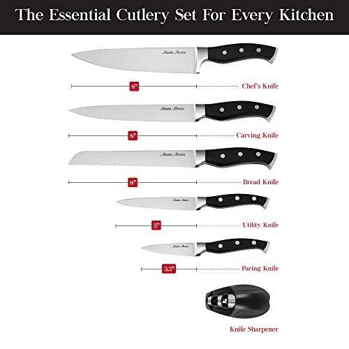 7-Piece Premium Black Kitchen Knife Set with Knife Block & Dual Knife Sharpener | Master Maison German Stainless Steel Knives | Professional Butcher Block Knife Set For Kitchen | Chef Knife Sets