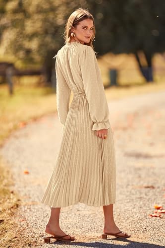 PRETTYGARDEN Spring Fall Dress for Women Elegant Long Sleeve Pom Pom V Neck Pleated Midi Flowy Dresses (Light Green,Medium)