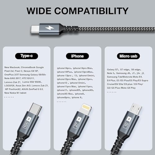 100W USB C Multi Charging Cable [0.5M] 3 in 1 Charging Cable with E-Mark Chip, USB C [100W]+Lightning[27W]+Micro[10W] for Galaxy S23,iPad Pro, iPad Mini, MacBook Pro/Air/iPhone14 13 12 12