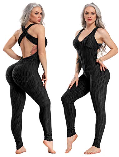 SEASUM Women Yoga Jumpsuit Backless One Piece Workout Catsuit Bodysuit Sleeveless Textured Gym Bodycon Romper XL