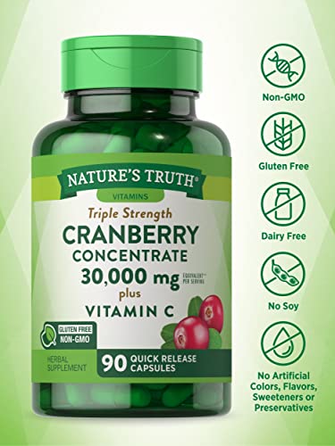 Cranberry Concentrate Capsules 30,000mg | Plus Vitamin C | Non-GMO & Gluten Free Supplement | Triple Strength Support Pills | by Nature's Truth