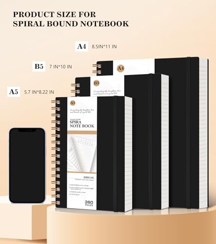 MUAHLIUB Spiral Notebook Journal College Ruled 8.5''x 11'', 360 Pages Lined Thick Journals for Women Men, A4 Large Writing Spiral Journal with 100GSM Paper, Spiral Notebooks for Work, School Black