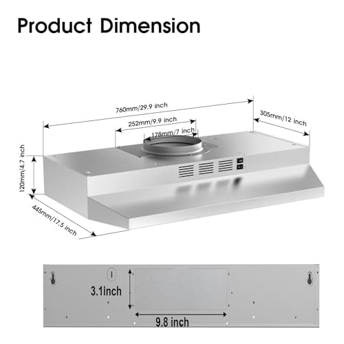 Range Hood 30 inch Under Cabinet, Stainless Steel Kitchen Vent Hood 280CFM, Built-in Kitchen Stove Hood w/Rocker Button Control, Ducted/Ductless Convertible Duct, 2 Speeds Fan, Bright LED Light