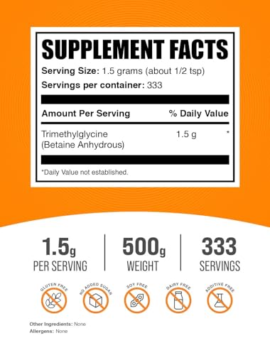 BulkSupplements.com TMG Powder - Trimethylglycine as Betaine Anhydrous, TMG Supplement - Trimethylglycine Supplement, Gluten Free - 1500mg per Serving 500g (1.1 lbs) (Pack of 1)
