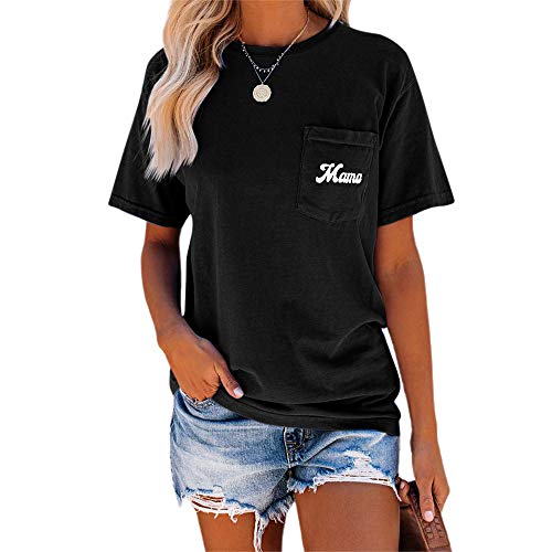 NIUBIA Women's Letter Print Basic Crew Neck Tee Summer Short Sleeve T-Shirt with Pockets Loose Fitting Tops Black