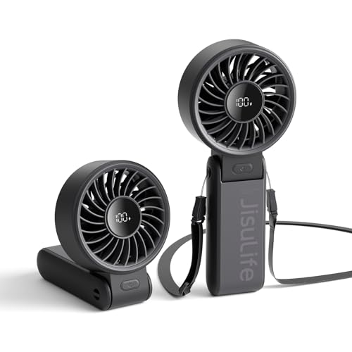 JISULIFE Handheld Fan Life7,2024 Powerful Portable Fan with LED Display,3600mAh,150°Folded,5 Speeds,Lanyard[13Hrs Max Cooling] 3-IN-1 Hand/Desk/Neck Fan,Travel Essentials Gifts for Women,Men(Black)