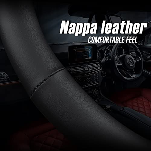 LKWLIKEI Nappa Premium Leather car Steering Wheel Cover, Non-Slip, Breathable, Universal 15 inches, Black.