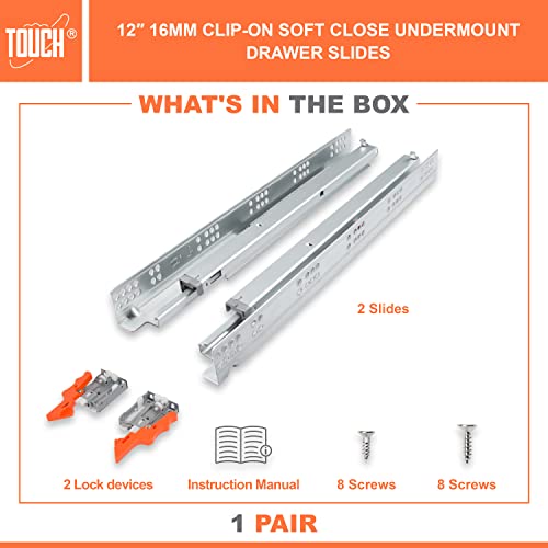 TOUCH Undermount Drawer Slides, Self-Soft Close (1 Pair, 12 Inch 305mm) for 1/2 and 5/8 Inch Side Panel, Kitchen Concealed Drawer Track Guide, Bottom Mount, 75 LB Capacity 3D Adjustable Lock Device.