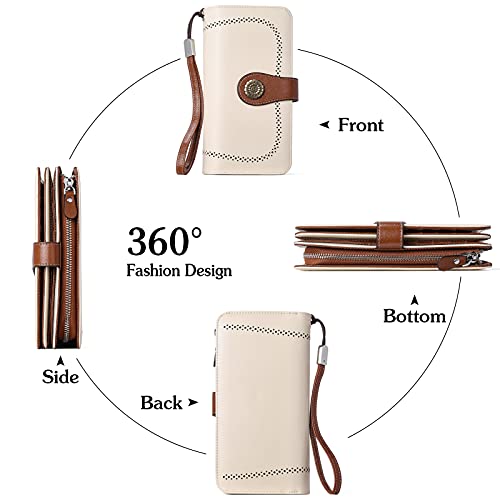 BOSTANTEN Womens Wallet Genuine Leather Large Capacity Wristlet Clutch Purse Credit Card Holder with RFID Blocking Beige-Brown