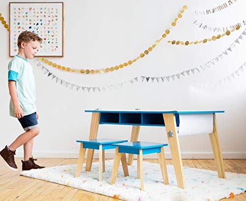 Wildkin Kids Arts and Crafts Table Set for Boys and Girls, Mid Century Modern Design Craft Table Includes Two Stools, Paper & Storage Cubbies Underneath Helps Keep Art Supplies Organized (Espresso)