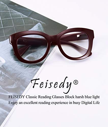 FEISEDY Retro Reading Glasses Thick Square Oversized Frame Blue Light Blocking Lens Anti Glare Digital Eyestrain B2534