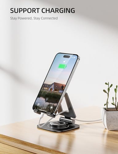 Nulaxy 360 Rotating Cell Phone Stand, Fully Adjustable Foldable Desktop Phone Holder Cradle Dock, Thick Case Friendly, Compatible with All Phones, Nintendo Switch, Black