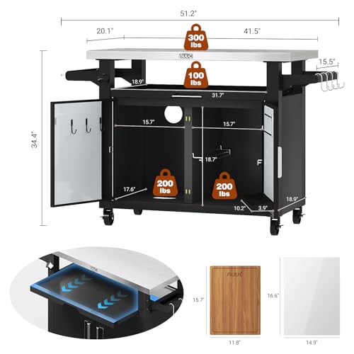 NUUK Outdoor Grill Cart with Storage Cabinet Metal Kitchen Island Prep Table with Movable Universal Wheels and Stainless Steel Top for Outside BBQ Backyard Include Hooks Spice Rack