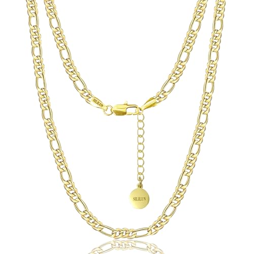 SILILUN Figaro Chain Necklace 14K Real Gold Plated Jewelry for Men Women (3mm Wide, 16.5 Inches 14K Gold)