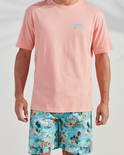 CARIBBEAN JOE Men's Sleep Set, Palm Island Shorts and Coral Crew Neck T-Shirt Pajamas, Lightweight Novelty PJs