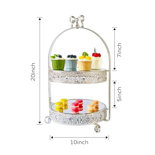 Quegroot Silver 2 Tier Crystal & Metal Cake Stand, Round, 20 x 11 x 10 inches, 6.5 lbs Capacity, Dessert Tray for Party, Baby Shower, Wedding Decor