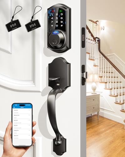 Veise Fingerprint Smart Locks for Front Door with Handle Set, App Control, Keyless Entry Keypad Deadbolt, Digital Electronic Touchscreen, Easy Install, Auto Lock, Matte Black