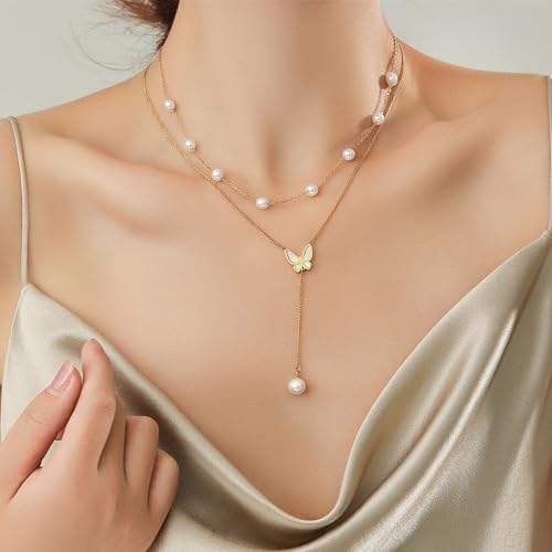 Trinckle Gold Pearl Necklace, Pearl Choker Necklace 15'' Pearl Necklaces for Women Dainty Gold Choker Beach Necklaces for Girls Adjustable Girls Bead Jewelry Bride Bridesmaid Wedding Birthday Gifts