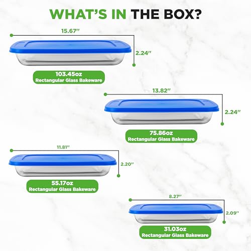 NutriChef 8-Piece Glass Baking Dish Set with Lids – Stackable Rectangular Bakeware for Lasagna, Casserole, Meatloaf, Leftovers & Storages– Oven, Freezer & Dishwasher Safe, BPA Free lid (Blue)
