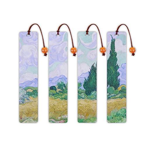 Donxote Bookmark Set of 4, Van Gogh Wooden Aesthetic Art Bookmarks with Gift Box, Book Mark for Book Lovers, is A Unique Gift for Men, Women - A Wheatfield with Cypresses