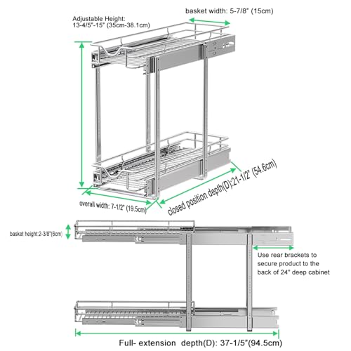 DINDON Pull Out Cabinet Organizer (7-1/2" W x 21-1/2"D), Cabinet Pull Out Shelves, 2 Tier Pull Out Drawers for Kitchen Cabinets, Wire Basket Slide Out Shelf for Cabinet Organization