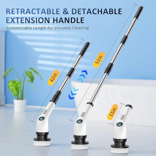 Electric Spin Scrubber, Full-Body IPX7 Waterproof Cordless Power Cleaning Brush with Adjustable Extension Handle, 2-Speed Shower Scrubber with 7 Replaceable Brush Heads for Bathroom, Kitchen Cleaning