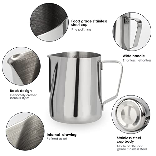 Milk Frothing Pitcher, Espresso Steaming Pitcher 12oz,Espresso Machine Accessories,Stainless Steel Milk Coffee Cappuccino Barista Steam Pitchers Milk Jug Cup with Decorating Pen Latte Art