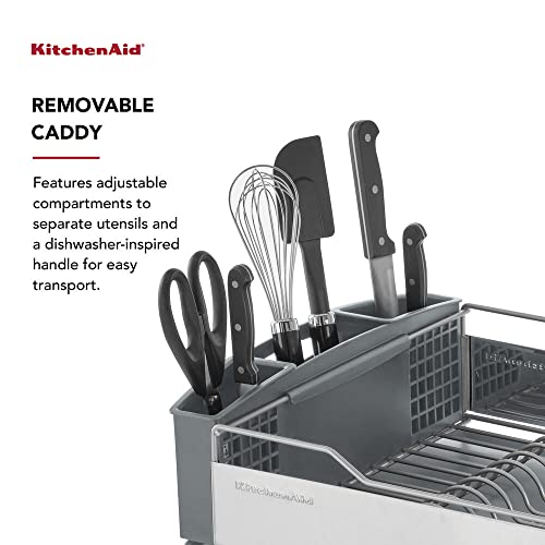 KitchenAid Large Capacity,Full Size, Rust Resistan Dish Rack Angled Drain Board and Removable Flatware Caddy, Light Grey