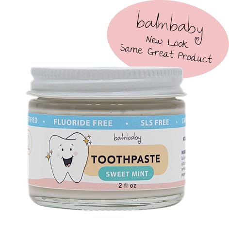 Kids All Natural Fluoride Free Toothpaste by Balm Baby Brand – SLS Free Toothpaste with Xylitol, Vegan, Gluten Free, BPA Free, Glass Jar Zero Waste Children’s Teeth Paste (2PK Mint)