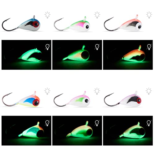 BASSDASH Tungsten Ice Fishing Jigs with Glowing Paint Fishing Lures for Winter Ice Jigging Crappie Bluegill, 6-Pack