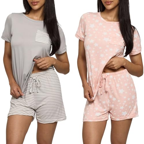 Real Essentials 2 Pack: Ultra Soft Women’s Pajama Set Short Sleeve and Shorts Lounge & Sleepwear (Available In Plus)- X-Large