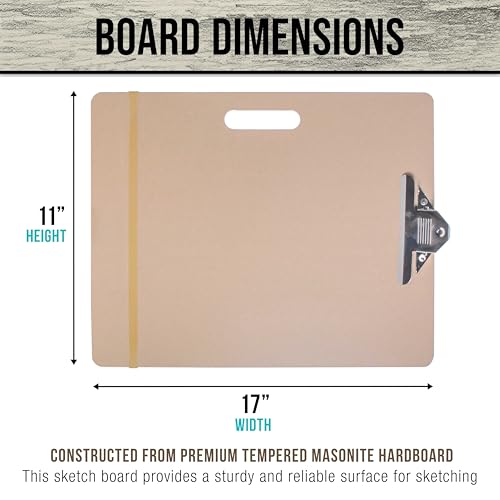 U.S. Art Supply 11" x 17" Artist Sketch Tote Board - Lightweight Hardboard Drawing Board with Handle, Clip & Rubber Band for Art, Sketching, Travel, Studio
