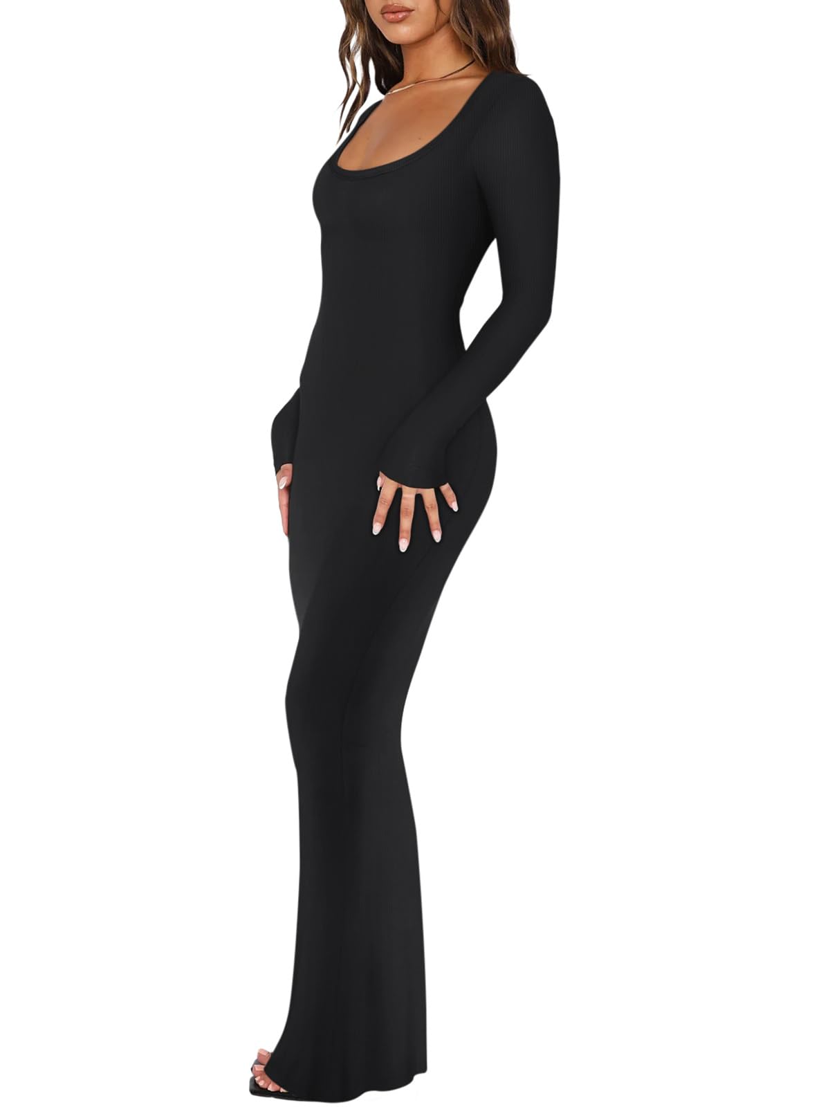 REORIA Womens Sexy Casual Scoop Square Neck Long Sleeve Soft Lounge Long Dress Fall Wedding Guest Elegant Ribbed Bodycon Maxi Dresses Black Large
