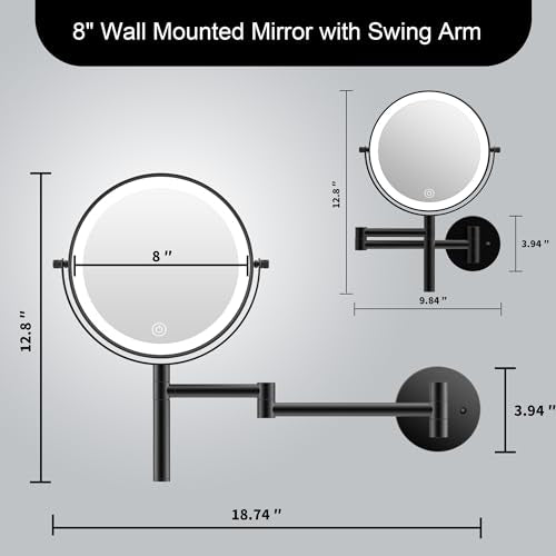 LANSI 8" Wall Mounted Makeup Mirror with Handle, 3 Color Lights Dimmable and 1X/10X Magnification, Rechargeable Bathroom Wall Mount Magnifying Mirror with Extension Arm Height Adjustable Black