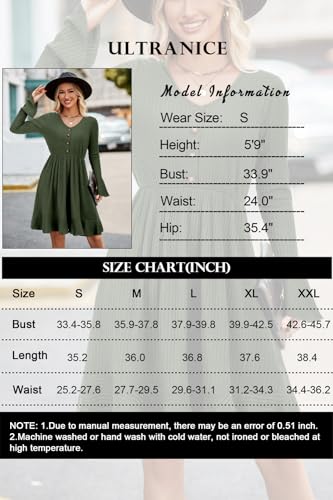 ULTRANICE Womens Fall Sweater Dresses 2024 Trendy Long Sleeve Buttons V Neck Ruffle Casual Semi Formal Wedding Guest Outfits Clothes Winter Midi Dress(Army,M)