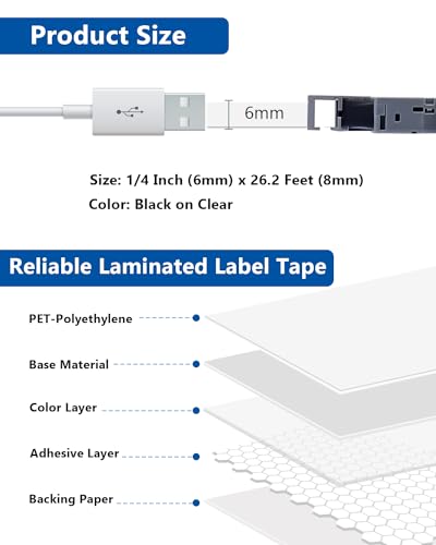 Labelwell 3-Pack TZe-111 Tape Replacement for Brother Label Maker Tape Clear 6mm 0.23 Inch Label Tape TZe111 TZ-111 Black on Clear Refills for Brother P Touch PT-H110 D220 D200 D210 H103W 1280 1290