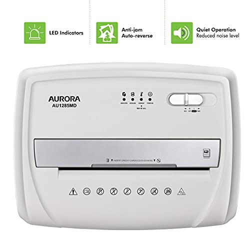 Aurora AU1285MD Compact Desktop-Style High Security 12-Sheet Micro-Cut Paper and CD/Credit Card/Junk Mail Pullout Basket Shredder, White/Black