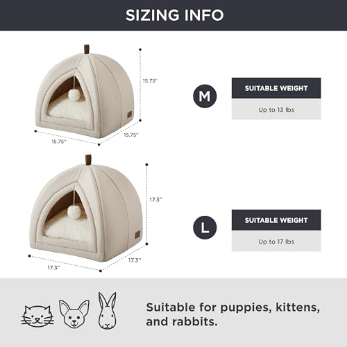 Bedsure Cat Beds for Indoor Cats - 2 in 1 Cat Cave for Kittens and Small Pets, Foldable Cat House Tent with Removable Washable Cushioned Pillow, Cat Hideaway with Non-Slip Bottom, Beige, 16 inches