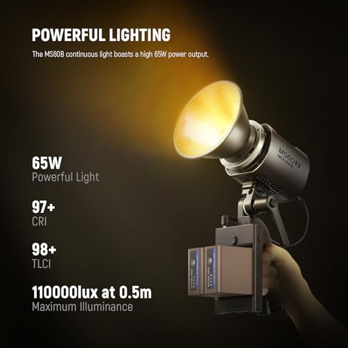 NEEWER MS60B 65W COB LED Video Light with Battery Kit, 2.4G/APP Control, 2X 7800mAh NP-F970 Battery PD Fast Charging, 2700K-6500K, PWM Dimming, 40000lux/1m, CRI97+/TLCI98+, 12 Scenes, Bowens Mount